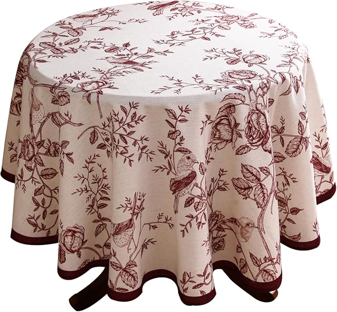 ISAENNE Designer French Linen Round Tablecloth,Diameter 67"-Harmony | Vintage Elegant Beautiful Decoration Table Cloth,Red Floral and Bird Pattern,Heavy,Dining,Tea Party,Kitchen,Thanksgiving