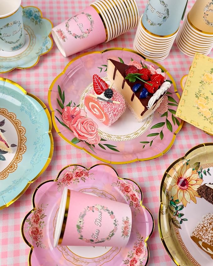24 Sets Vintage Floral Paper Tea Cups and Saucers Disposable Tea Party Supplies, Teacup with Handle, 9'' ＆ 7'' Plate, Napkin, Afternoon Tea Party Decorations for Birthday, Baby Shower, Mother's Day
