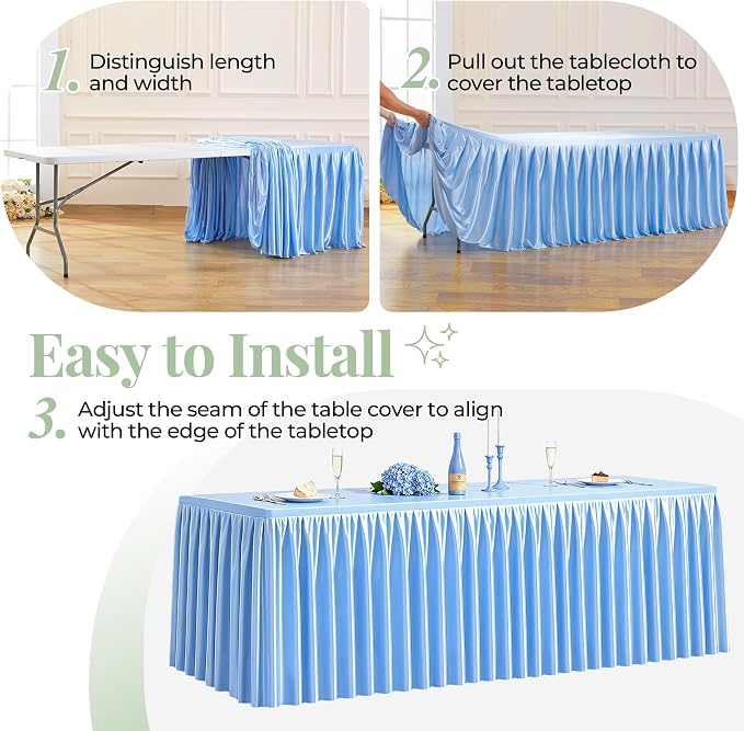 Blue Satin Tablecloths Rectangle 4FT, Glitter Spandex Fitted Stretch Table Covers Wrinkle-Resistant Floor Length Shimmer Pleated Table Skirt for Weddings Parties Baby Shower Banquets Vendor Events