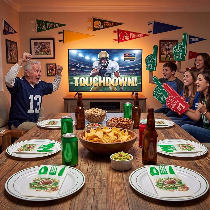 LemonRoad 50 Sets Football Party Plastic Silverware Pre-folded Cutlery Serves 50 Includes Forks Knives Spoons Paper Napkin Disposable Football Tableware for Tailgate Party Sports Gathering Game Day