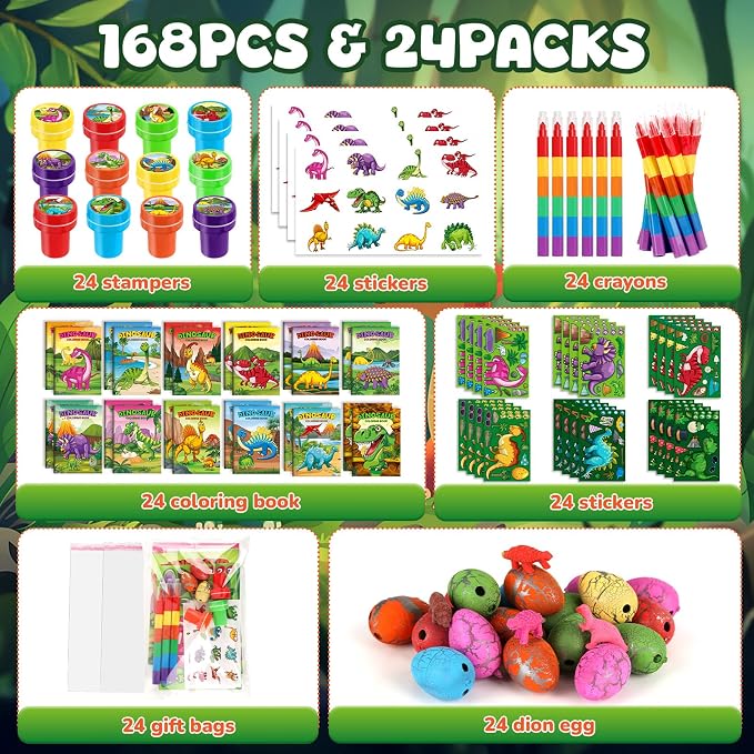 BenLouis 168Pcs Dinosaur Party Favors Dino Theme Coloring Books Crayons Sticker Set Bulk for Kids Jurassic Birthday Goodie Bag Stuffer Classroom Gifts Rewards Craft Pinata Fillers
