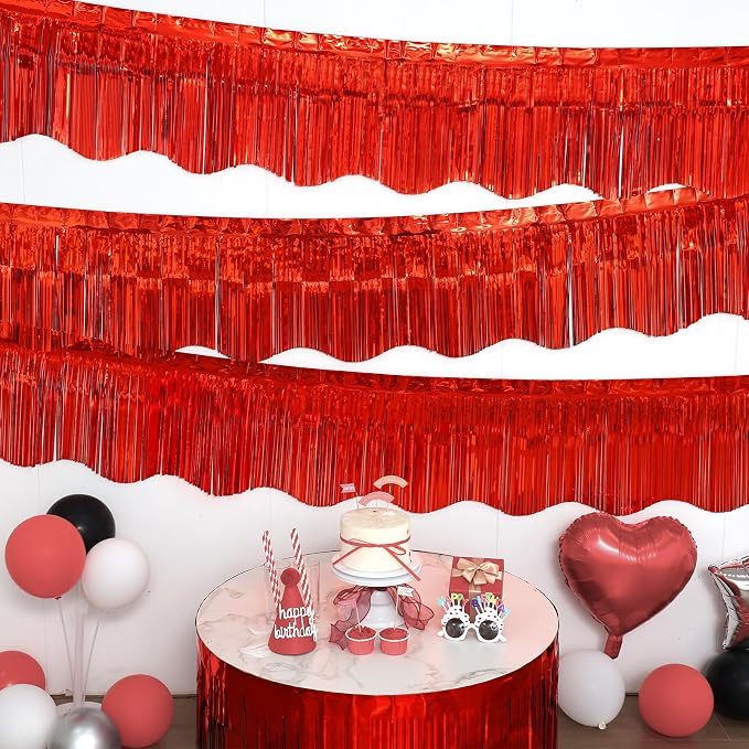 LOLStar Red Foil Fringe Tinsel Garland, Tinsel Streamers Banner, 6 Pack | 60Ft Tinsel Streamers, Shiny Red Wall Hanging Tinsel Fringe Banners for Valentines Day, Parade Float, Christmas Party Decor