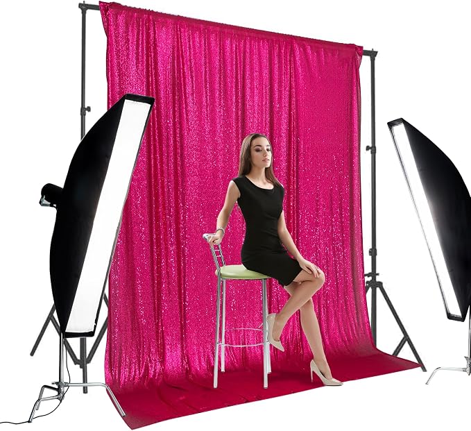PartyDelight Hot Pink Sequin Backdrop 8x8ft 4 Inch Rod Pocket | 3mm stitched hot pink sequins on mesh backing with 4 inch rod pocket for group photos wedding walls stages and banquet focal