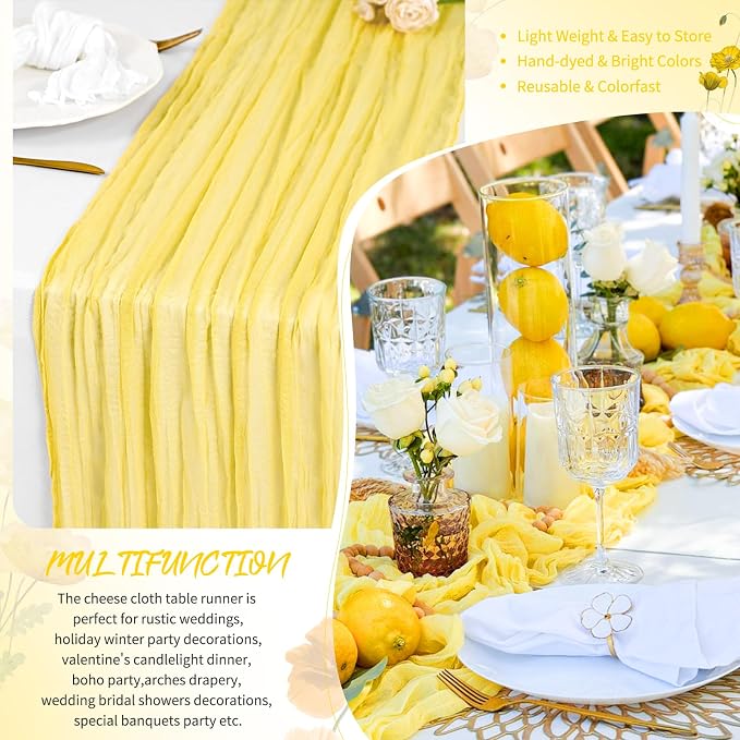4 Pack Light Yellow Cheesecloth Table Runner 17 x 108 inch Boho Gauze Table Runner Rustic Sheer Cheese Cloth Table Decorations for Wedding Party Baby Bridal Shower Birthday Holiday Home