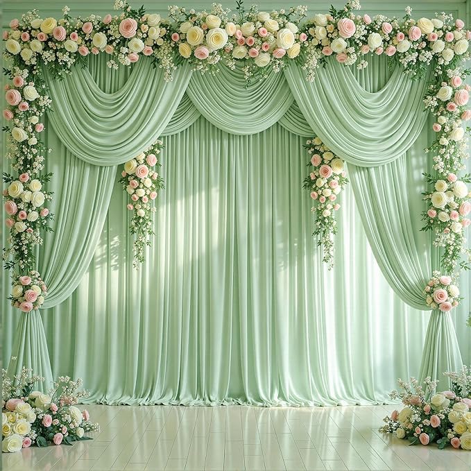 6 Panels Sage Green Backdrop Curtains for Wedding Party Wrinkle Free Backdrops Curtain Drapes Fabric Decorations Photo Back Drop Cloth for Baby Shower Photography Stage Reception 30ft(W) x 12ft(H)