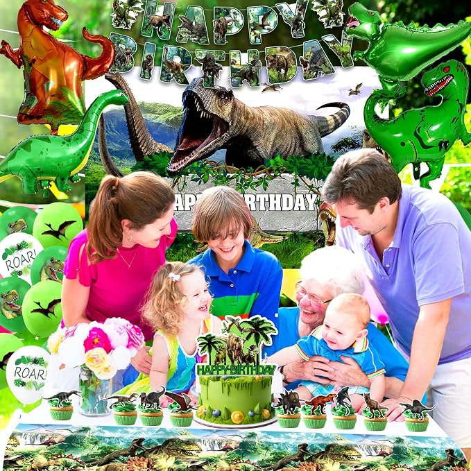 Dinosaur Birthday Decorations, Dino Theme Party Supplies&Decorations Set Include Banner Tablecloth Balloons Cake Toppers Plate Napkin for Kids Party