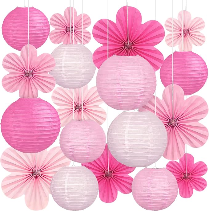 Pink Party Decorations, 18Pcs Hot Pink Paper Lanterns & Flower Fans Set | 8"-14" layered hanging decor for girls birthdays, bridal showers, baby showers, weddings, and girls night parties