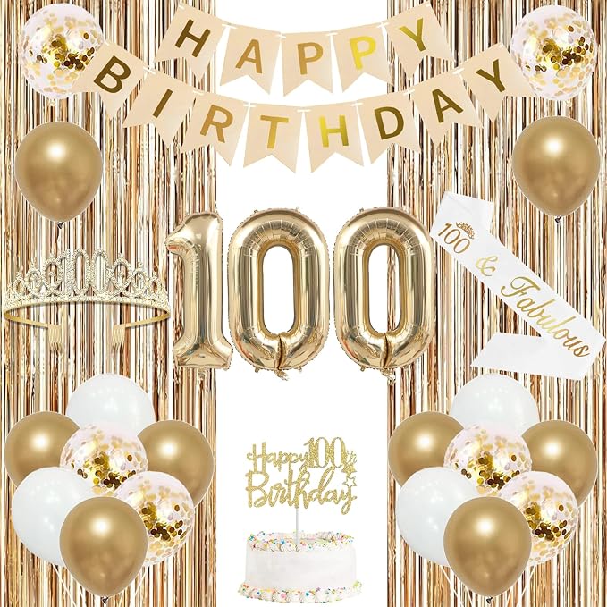 Trgowaul 100th Birthday Decorations for Women, Banner, Sash and Crown, Cake Topper, 100 Number Balloon, Fringe Curtains, Champagne Gold 100th Birthday Party Supplies