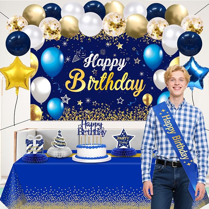Birthday Decorations Navy Blue Gold - Happy Birthday Banner, Sash, Balloons, Tablecloth, Cake Topper, Candles,Table Decorations - 35pcs Party Decor for Men and Boys