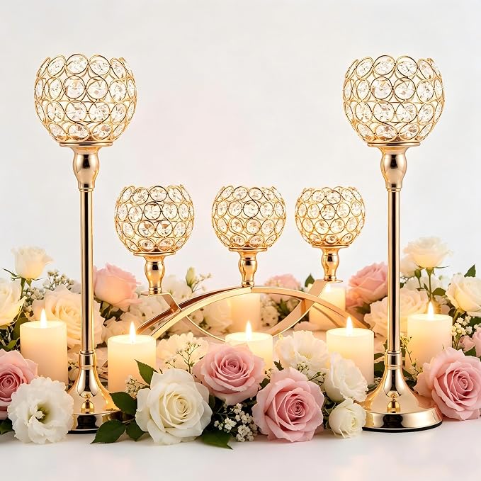 Set of 3 Gold Candle Holders Wedding Table Centerpieces,Tealight Candlestick Candelabra Stand with 3 Arms for Fireplace Home Living Room Decor,Valentine's Day Housewarming