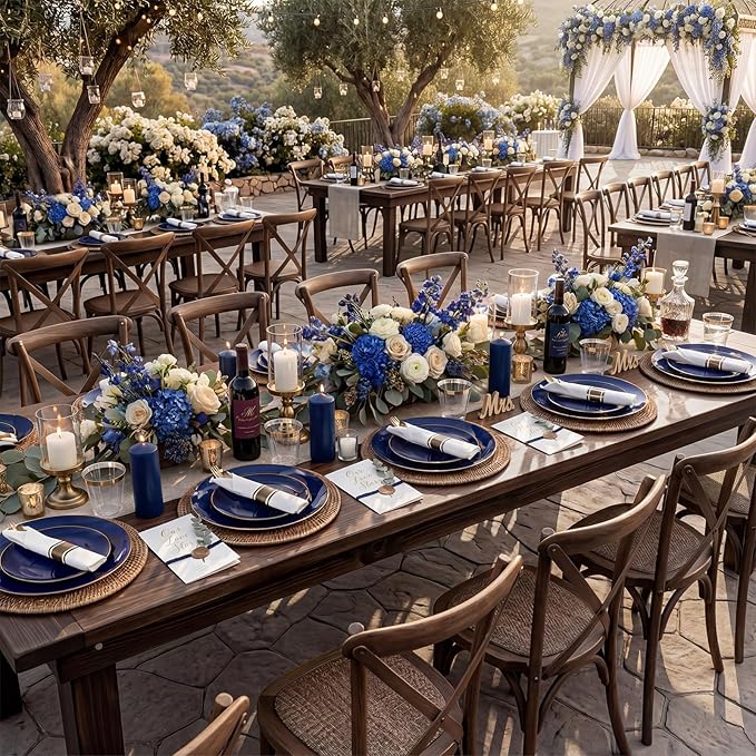 KIRE 175Pcs Blue Plastic Plates - Navy Blue Plates Disposable - 25 for Dinner 25 for Dessert 25 Pre Rolled Napkins with Gold Plastic Silverware and 25 Cups for Birthday/Wedding/Passover/Graduation
