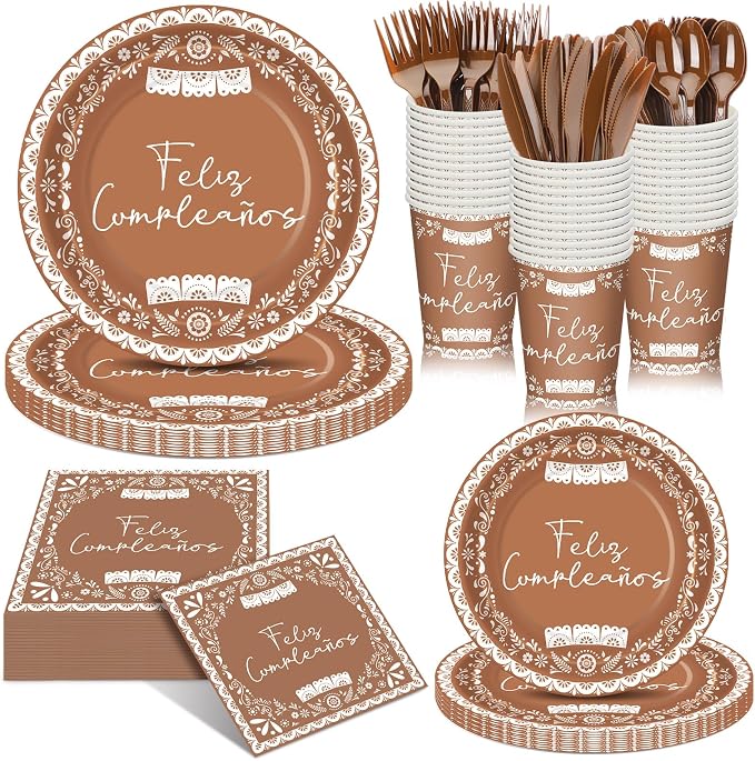 168 Pcs Mexican Birthday Tableware Set for 24 Cielito Lindo Birthday Party Plates and Napkins Brown Talavera Floral Party Supplies Papel Picado Paper Plates Cinco De Mayo Supplies