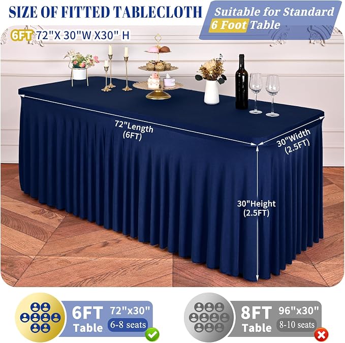 fani 6 Packs Navy Blue Stretch Table Skirts for 6 Foot Rectangle Table, Washable Spandex Stretch Tablecloths with Skirt, Wrinkle Resistant Fitted Tablecover for Wedding Party Banquet