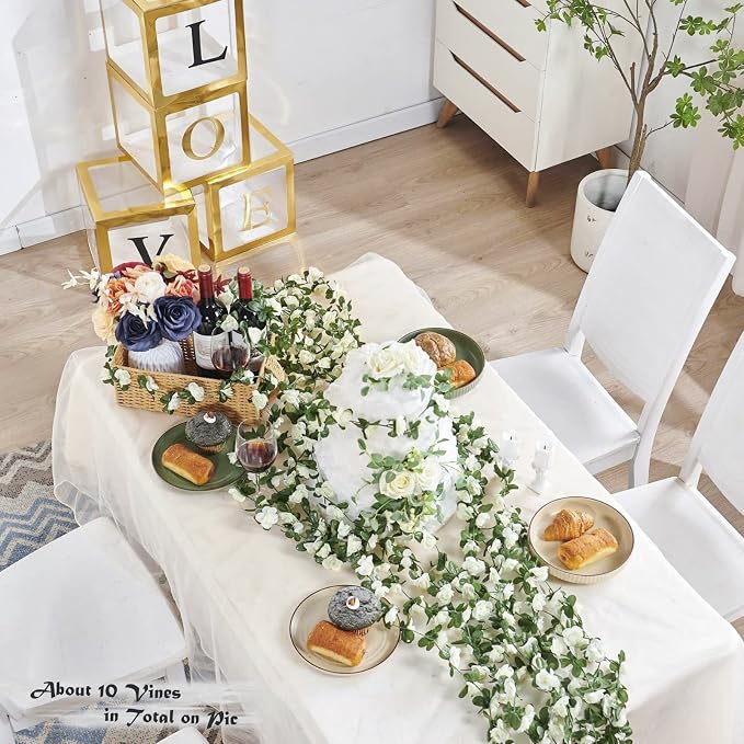 PONKING 6 Pcs x 8.2 ft Flower Garland Artificial Rose Vine Flowers with Green Leaves Hanging Fake Roses Vine for Room Party Home Wedding Birthday Christmas Wall Arch Decor, Spring White Flower