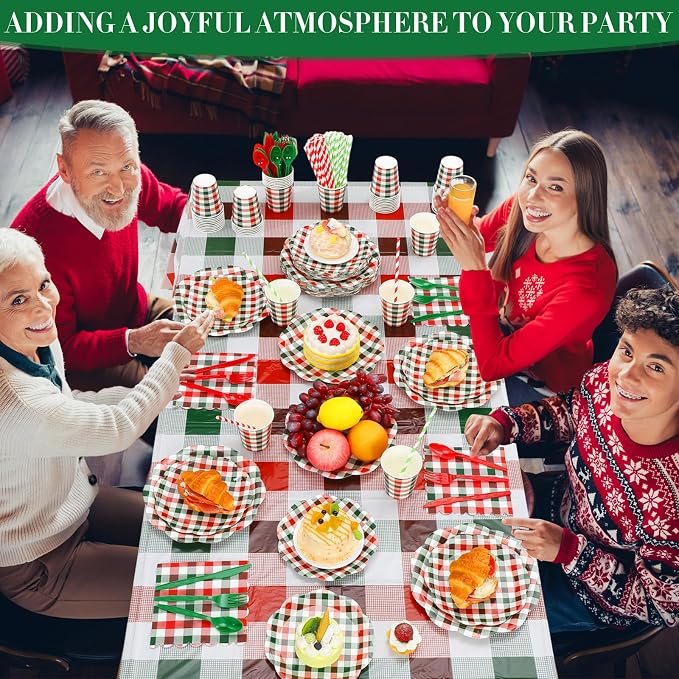 Funnymoom 452 Pcs Red and Green Christmas Buffalo Plaid Party Supplies for 50, Scalloped Christmas Gingham Plaid Paper Plates Napkins Cups Tablecloth Cutlery Straws for Rustic Holiday Party Decoration