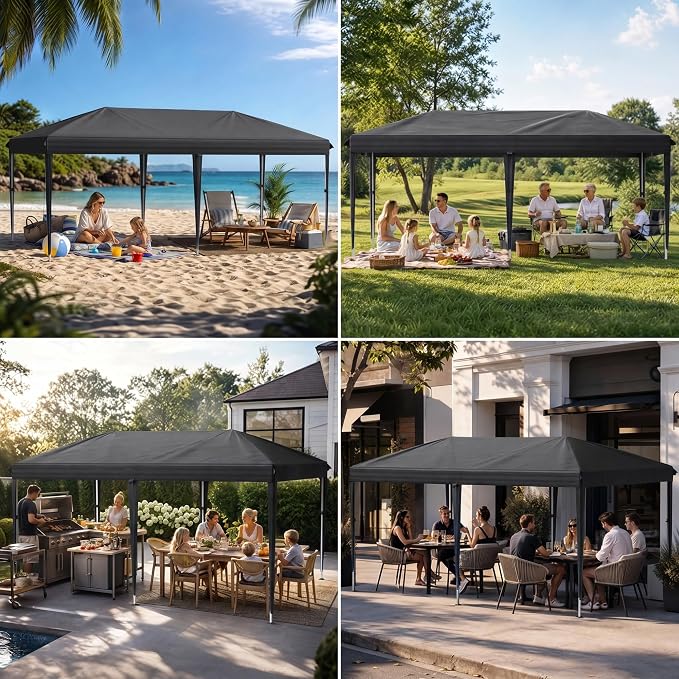 10x20 Pop Up Canopy Without Sidewalls, Instant Tent with Carry Bag, Sandbags, Height Adjustable Waterproof Outdoor Canopy, Outdoor Canopy for Events, Camping, Parties (Black)