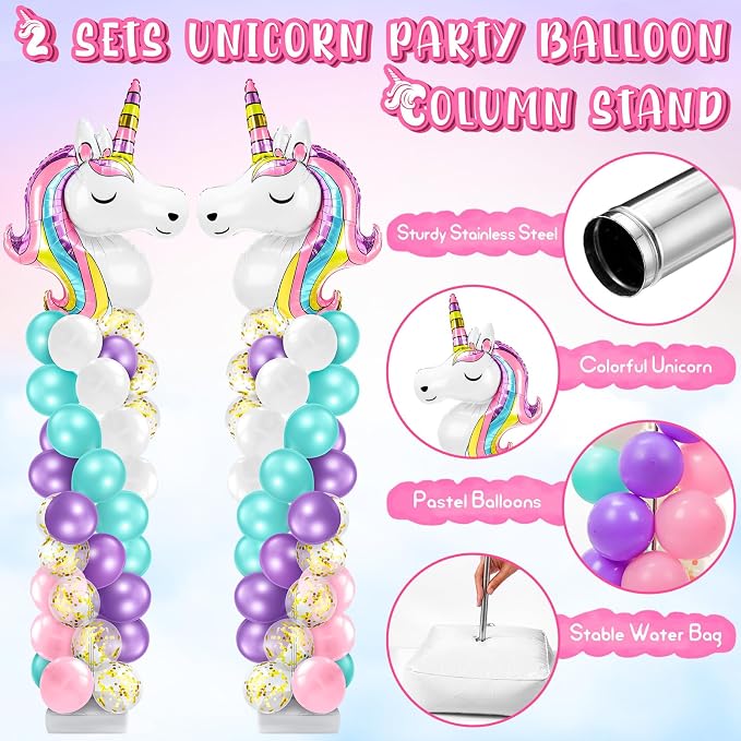 Kasyat 2 Set Unicorn Party Balloon Column Stand Kit with 2 Unicorn Balloons 100 Latex Balloons, Adjustable Balloon Stands Party Supplies for Wedding Baby Shower Birthday