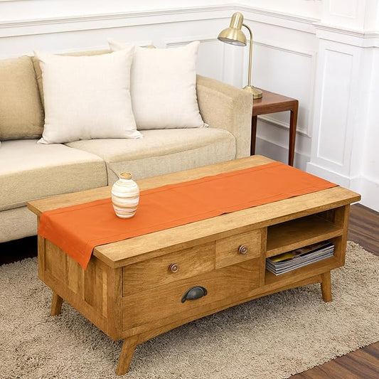Solino Home Cotton Linen Table Runner 48 Inches - Pumpkin Hemstitch Table Runner 14 x 48 Inch Ideal for Dresser and Coffee Tables