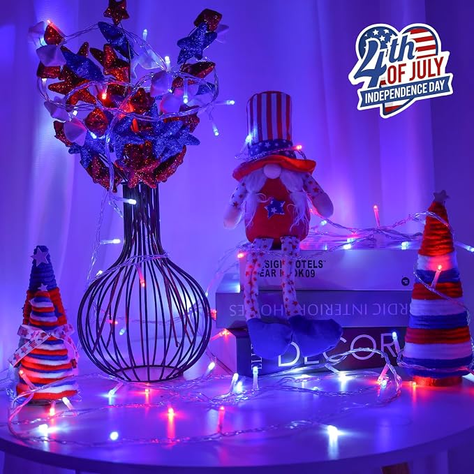 QITONG 2 Pack Red White and Blue Battery Operated Lights, Each 33ft 100 LED 4th of July String Lights Outdoor, Clear Wire Twinkle Light with Remote for Patriotic Independence Memorial Day Decor