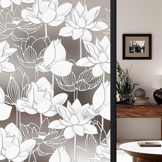 Faux 3D Frosted Tropical Window Privacy Film for Glass Door and Window, 16.93"x78.74" 3D-Lotus Flower