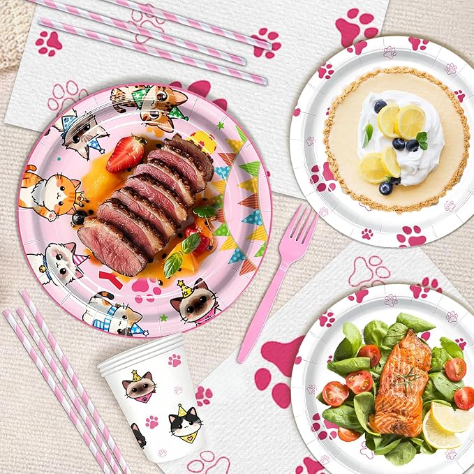 197pcs Cat Birthday Decorations Kit, Cute Cat Themed birthday party decorations with Tableware, Cake Decorations & Hanging Accessories, Serves 24 Guests