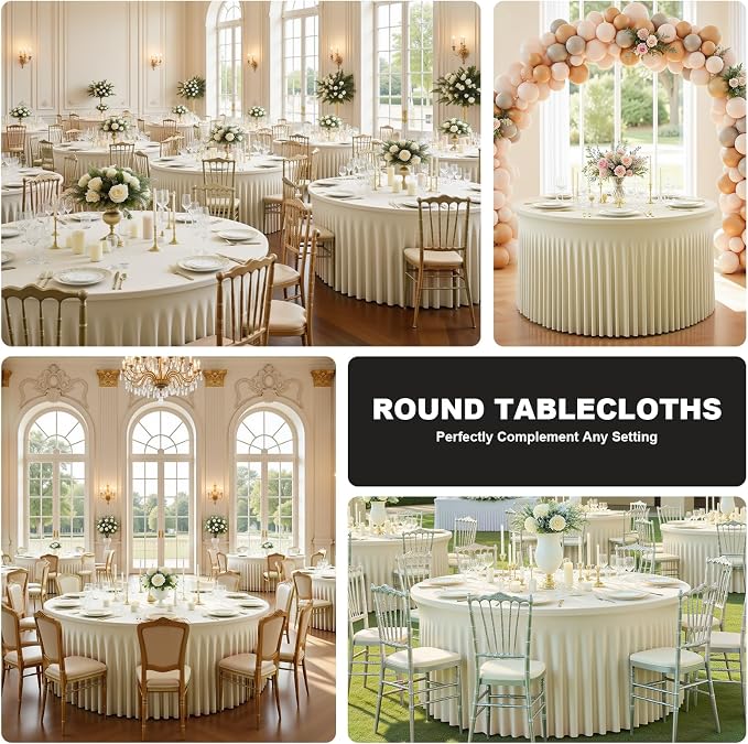 4 Pack Ivory 72 inch Round Spandex Tablecloth, Wrinkle-Free Stretchy Fitted 6FT Round Tables,Elastic Edge with Skirt,Washable Table Cloths for Wedding Banquet Party Birthday Buffet