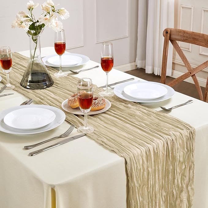 Beige Mother’s Day Cheesecloth Table Runner 10FT Long Easter Spring Boho Gauze Table Runner Rustic Sheer Runner for Spring Wedding Bridal Baby Shower Birthday Party Table Decor Home Easter Decor
