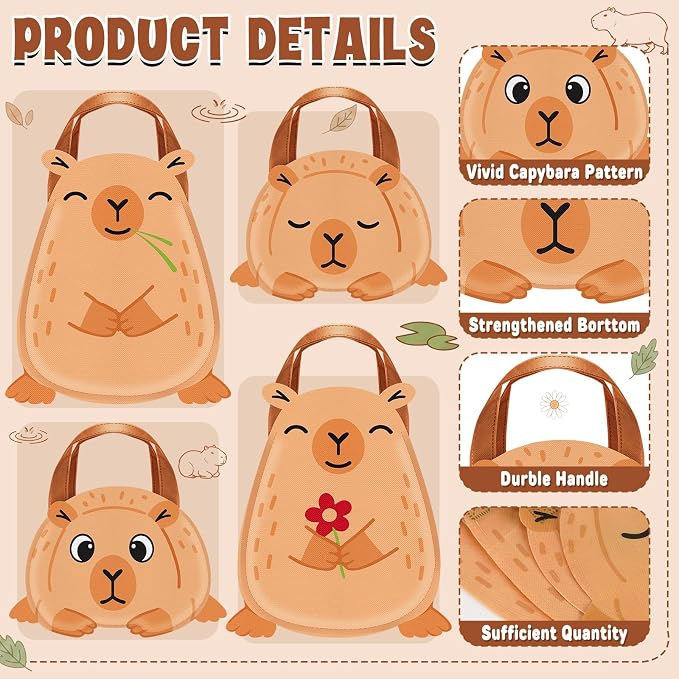 Locmeo 24 Pcs Capybara Party Favors Bags 10 Inch Capybara Birthday Gift Bags Bulk Nonwoven Reusable Tote Bag with Handle for Goodie Snack Treat Cute Capybaras Party Supplies Birthday Decoration