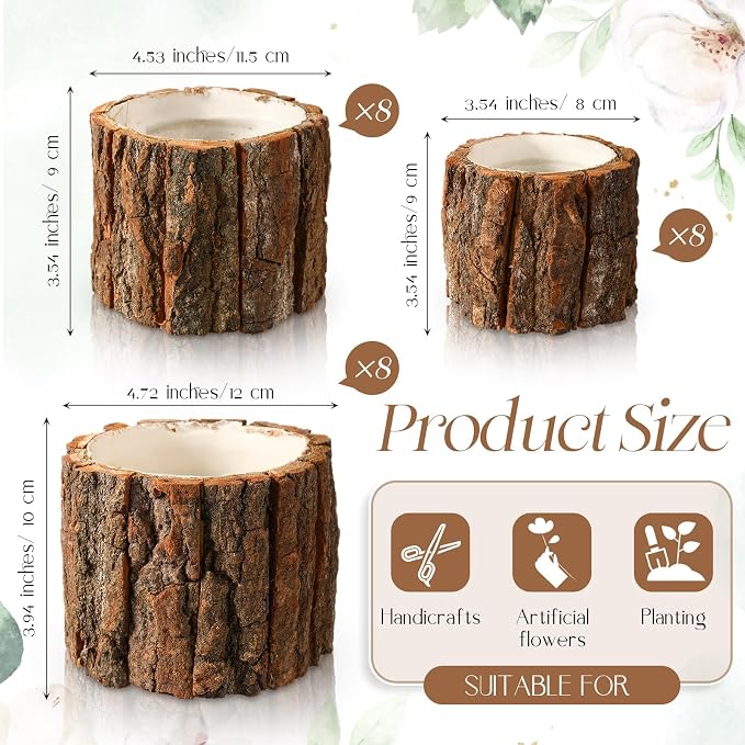 24 Pcs Wooden Vase for Centerpieces Wedding Flower Table Centerpieces Woodland Party Decor Rustic Farmhouse Bark Stump Buckets Vintage Planter Pots for Garden Baby Shower Window Home (L+m+s)
