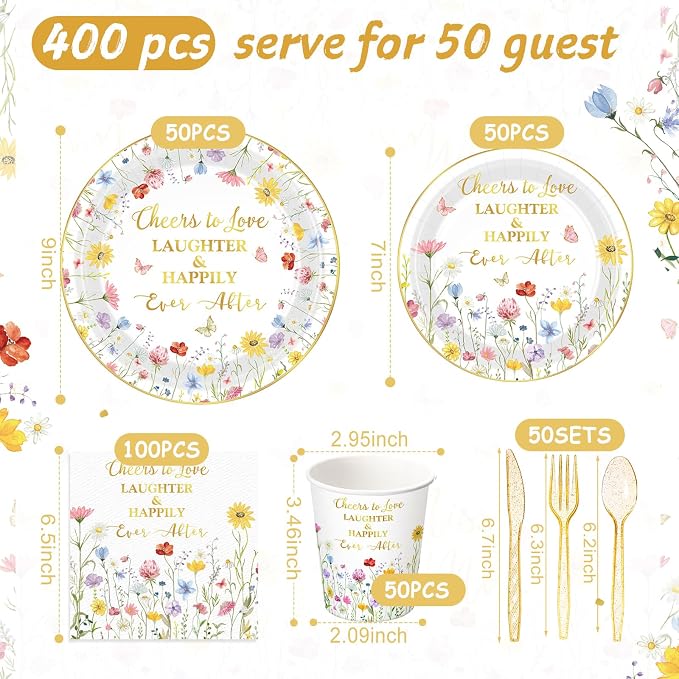 Pickmesh 400 Pcs Floral Bridal Shower Party Supplies Decorations Include Cheers to Love Paper Plates Napkins Cups Cutlery Set Spring Wildflower Tableware for Wedding Engagement Party Serve 50