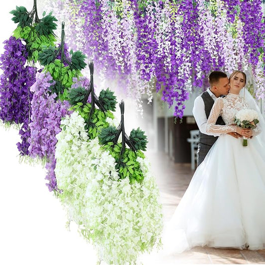 Suncalla 96 Pcs Wisteria Hanging Flowers 3.5 ft Artificial Wisteria Garland Purple & White Silk Fake Flower Vines for Background Decor Home Garden Party Wedding Arch Bedroom Hall Indoor Outdoor