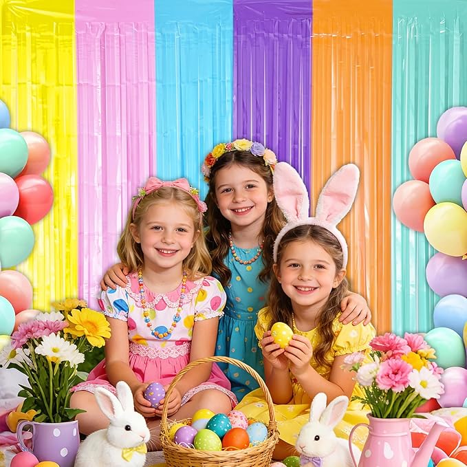 Pastel Foil Fringe Curtains Backdrop Birthday Party Decorations, 2 Pack 3.28 x 6.56 Ft Pastel Color Tinsel Streamer Banner Photo Booth Props for Easter Unicorn Summer Beach Pool Party Decor Supplies