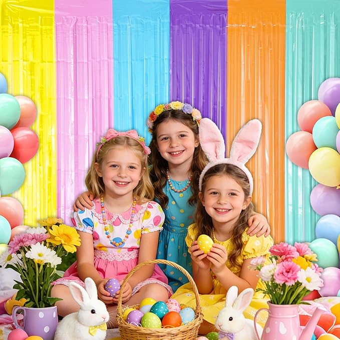 Pastel Foil Fringe Curtains Backdrop Birthday Party Decorations, 4 Pack 3.28 x 6.56 Ft Pastel Color Tinsel Streamer Banner Photo Booth Props for Easter Unicorn Summer Beach Pool Party Decor Supplies