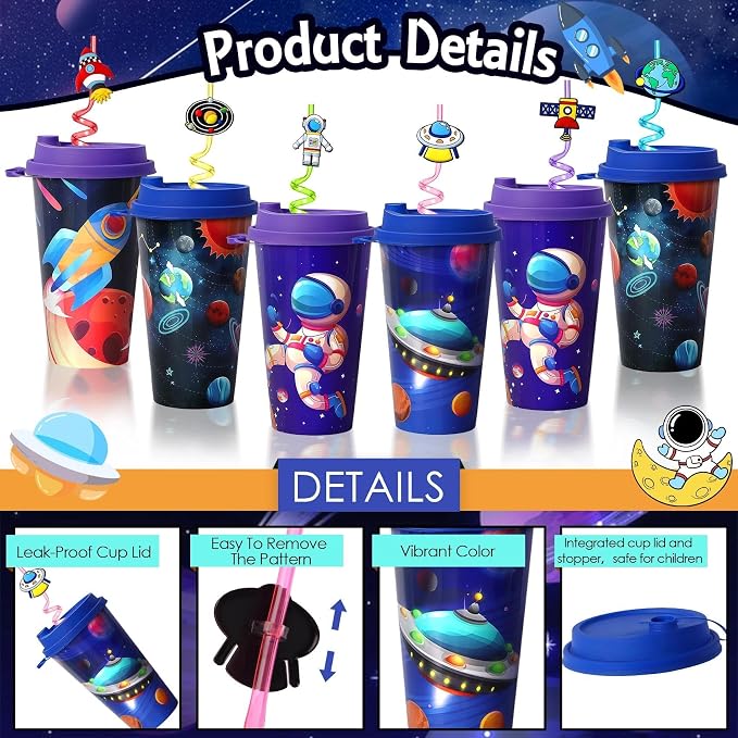 24 Sets Space Birthday Party Decorations Cups with Lids and Straws,16 oz Outer Space Party Favors for Kids, Galaxy Party Supplies Gifts