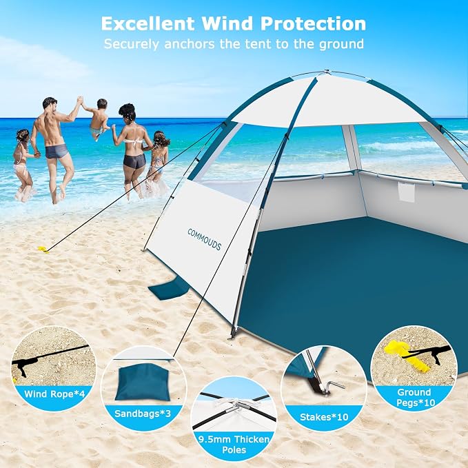 COMMOUDS Beach Tent Sun Shelter for 3/4/6/8 Person, UPF 50+ UV Protection Beach Shade Canopy Tent, Lightweight, Easy Set Up and Carry