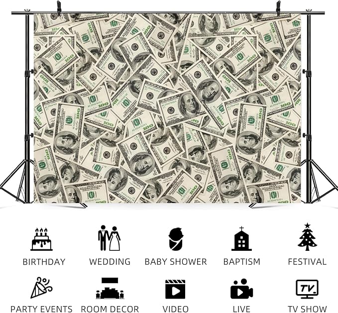 6x4ft Money Backdrop US Dollar Banknotes Theme Photography Background Benjamin Franklin 100 Dollar Bill Cash Currency Birthday Banner Decorations Kids Adults Portrait Photo Booth Prop