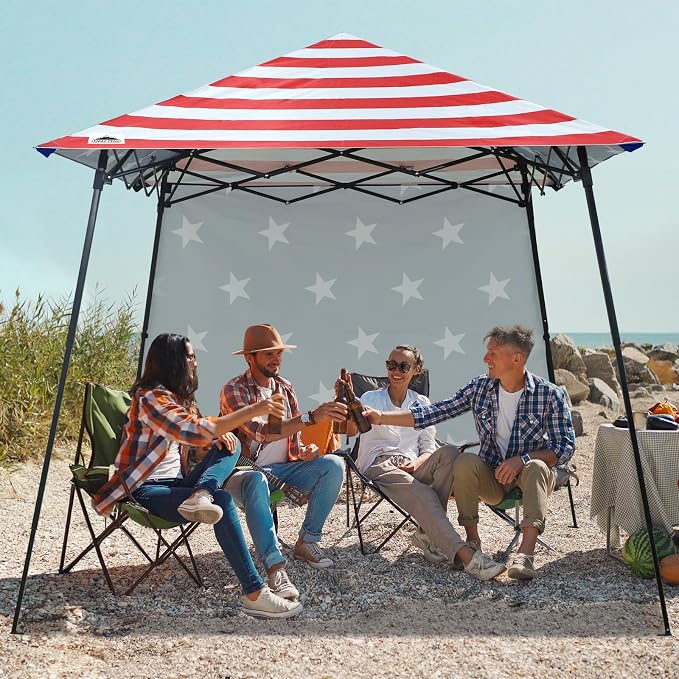 EAGLE PEAK 8x8 Pop Up Canopy Tent with Extended Eaves & Sidewall, Compact, Portable, Easy Setup Slant Leg Instant Shelter for Beach, Sports, & Camping, 8x8 Base 7x7 Top, American Flag