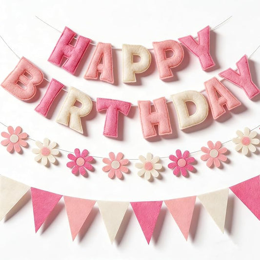 YEOCU Happy Birthday Decorations, No DIY, Pre-Strung 3D Banner | Pink&White, 3D felt banner, flower garland & flags. No DIY, reusable for kids & women.