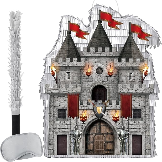 WERNNSAI Medieval Castle Piñata - Medieval Piñata with Blindfold and Bat for Kids Knight Birthday Party Decorations Gothic Castle Vampire Cosplay Halloween Party Supplies