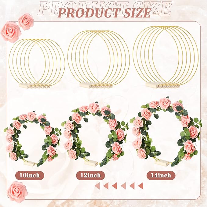 15 Pcs Metal Floral Centerpiece Table Decorations Hoop Centerpiece with Stand Gold Centerpieces for Table 15 Wooden Holders 30 Artificial Flowers 30 Leaves for Wedding DIY Craft Decor(14 Inch,Pink)