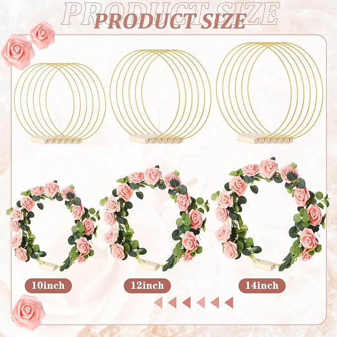 15 Pcs Metal Floral Centerpiece Table Decorations Hoop Centerpiece with Stand Gold Centerpieces for Table 15 Wooden Holders 30 Artificial Flowers 30 Leaves for Wedding DIY Craft Decor(10 Inch,Pink)