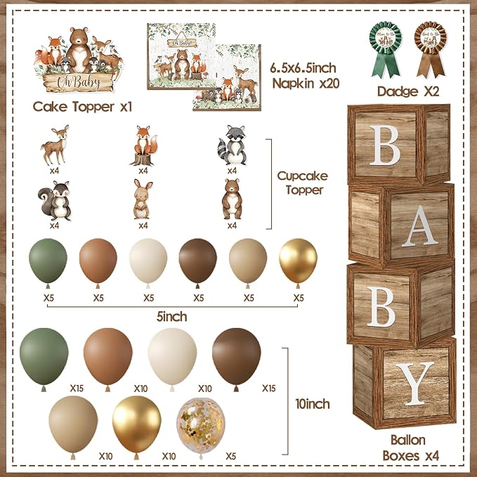 Woodland Baby Shower Decorations,273pcs Woodland Animals Baby Shower Decorations With Plates and Napkins Cups Tablecloth Backdrop Balloon Arch Cake Toppers for Woodland Creatures Baby Shower Supplies