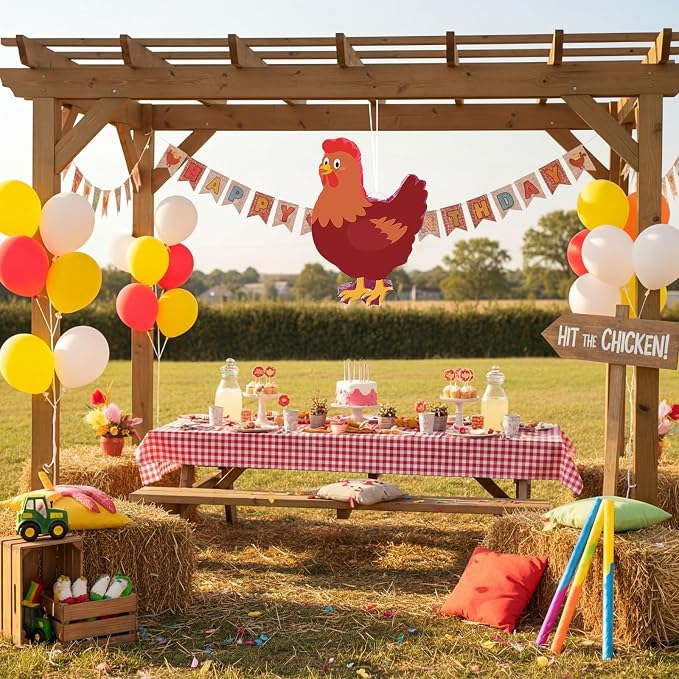 VioraWhite Chicken Birthday Decoration Chicken Piñata Farm Animal Piñata with Blindfold and Bat for Chick Birthday Party Baby Shower Party Decor Supplies Favors
