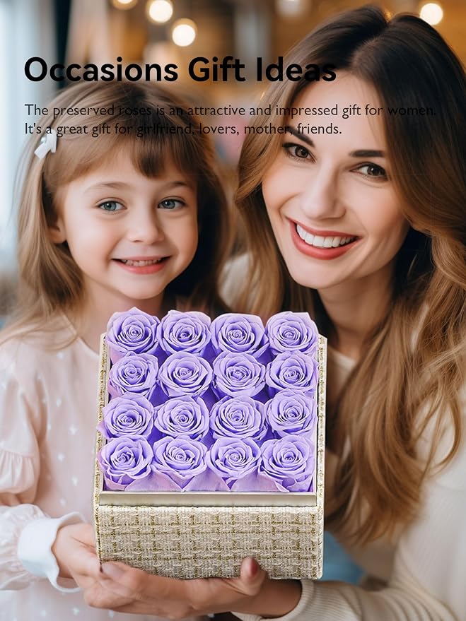 Eterfield Forever Flowers Preserved Roses Real Roses that Last Over a Year Rose Box Gifts for Her Mothers Day Valentines Day Christmas (Square Gold White Plaid Box, 16 Light Purple Roses)