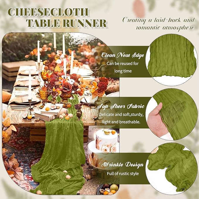Pesonlook 24 Pack Cheesecloth Table Runner,Olive Green Table Runner Long Romantic Semi Sheer Rustic Boho Gauze Table Runners for Wedding Bridal Shower Birthday Party Decorations(17.7×108 Inch)