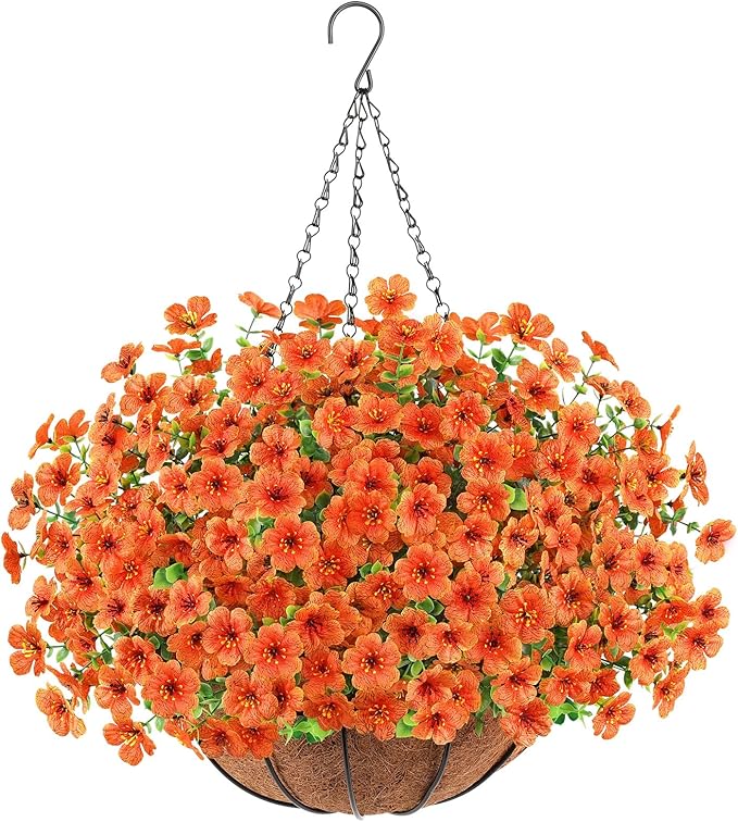 AGIRL Artificial Hanging Flowers with Baskets for Outdoors,UV Resistant Fake Hanging Plants for Outdoor Porch Patio Garden, Realistic Silk Flowers for Spring Summer Home Decor(Orange)