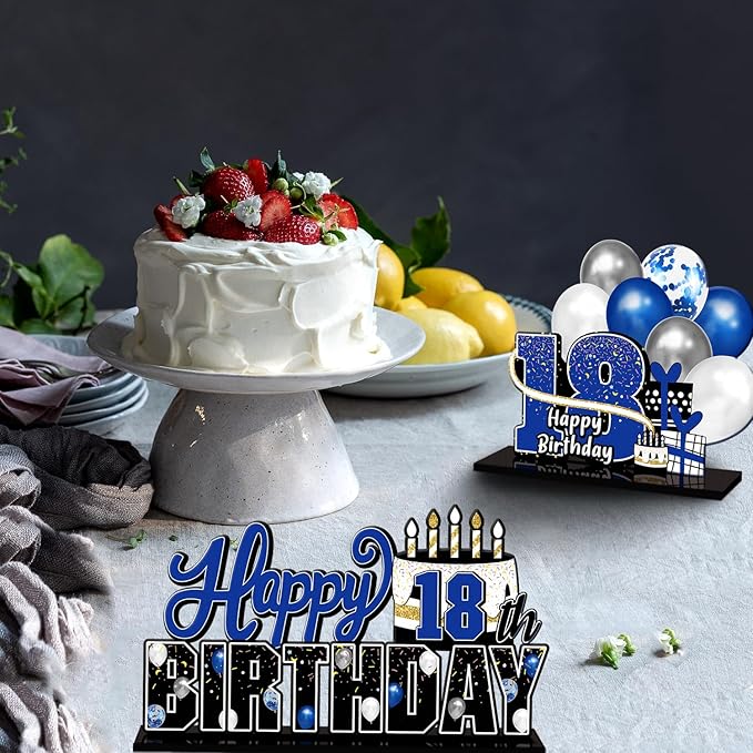 LINGTEER Happy 18th Birthday Blue Acrylic Table Topper Centerpieces Set - Cheers to Eighteen Years Old Birthday 18th Bday Party Gift Decorations.