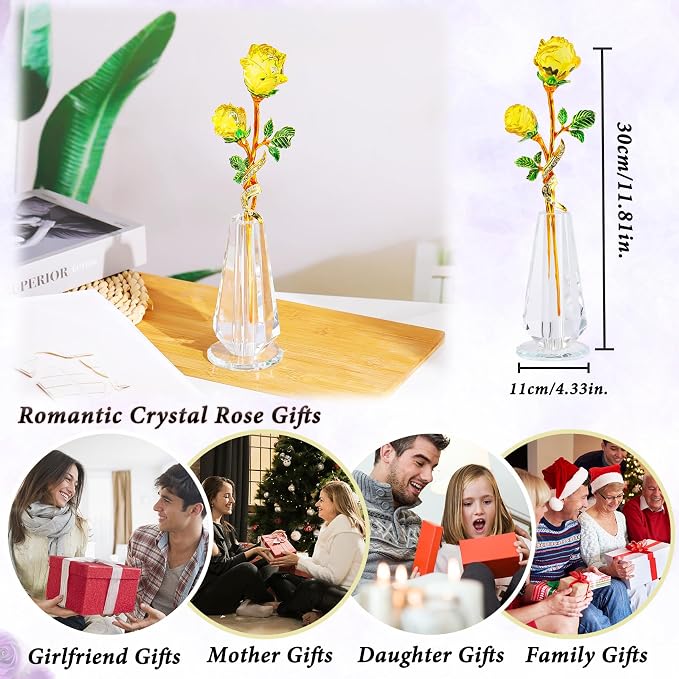 YWHL Handmade Yellow Rose Flower Crystal Figurine with Vase, Bouquet Glass Flowers Ornament Rose Gifts for Women Mom Wife, Crystal Flowers Home Decor for Anniversary Mother's Day Wedding