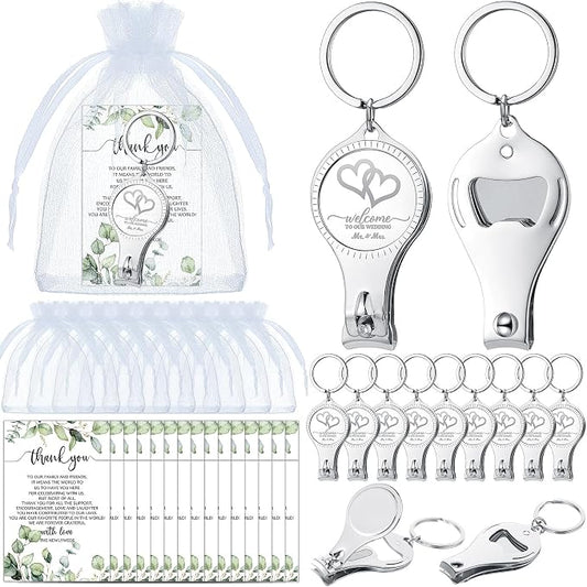 Fulmoon Wedding Multi Function Bottle Opener Nail Clipper Wedding Favors Brewery Cards White Organza Bags for Party Supplies Gift Souvenir Guests Men Women(50 Sets)