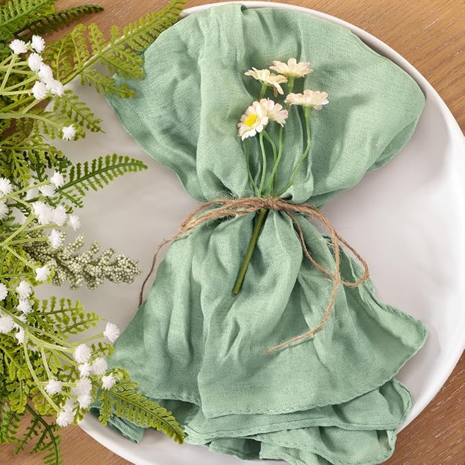 60pcs Sage Green Cheesecloth Napkins Spring Washable Boho Rustic Gauze Table Cloth Napkins Bulk 21x21 Inches for Wedding Party Bridal Baby Shower Birthday Table Decor